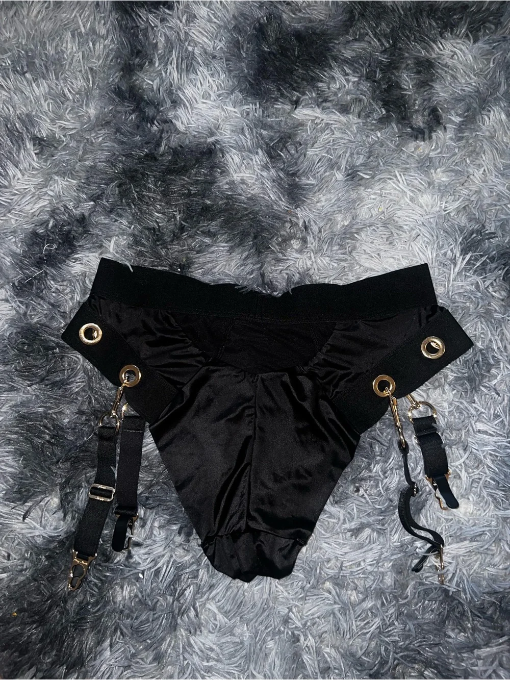 Black Satin Strappy Bra & High-Waist Garter Bikini Set Ava Rare set